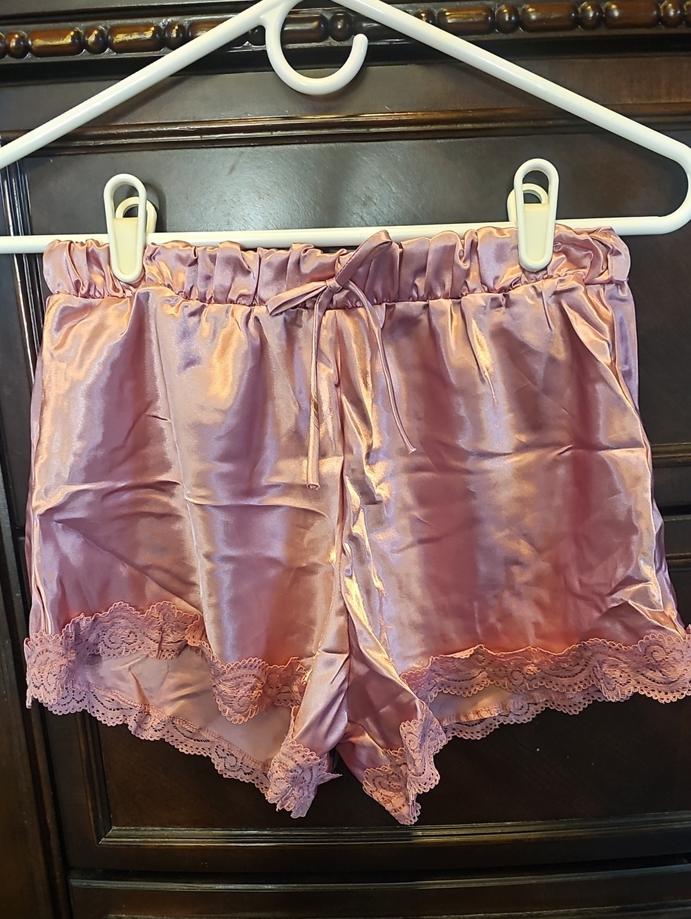 Fashion Nova Satin Lace-Trim Sleep Shorts in Dusty Rose